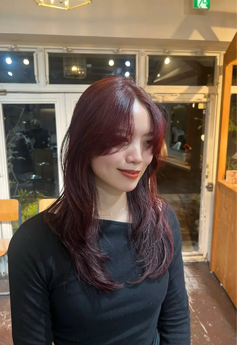 ロング カラー ブリーチ ブリーチなしカラー レッドカラー レイヤーカット 似合わせカット Junmi/ﾁｶｼﾂ /堀江のヘアスタイル