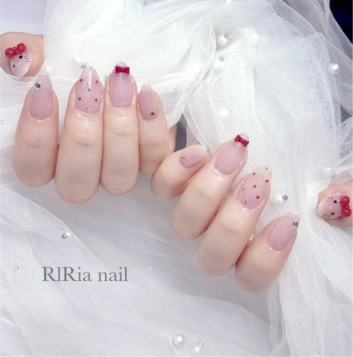 ネイル ドット ガーリー ピンク リボン ハンドネイル 🎀RIRia nail🎀のネイルデザイン
