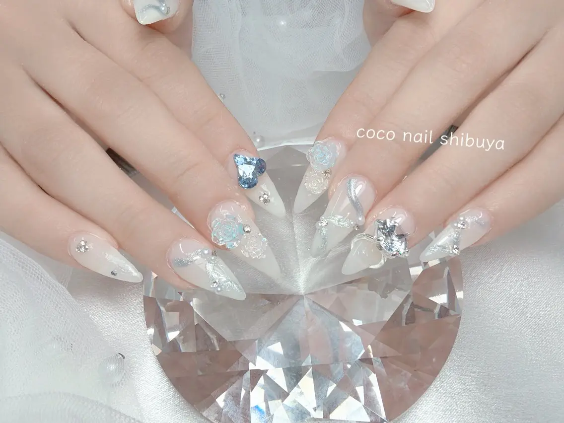 ネイル 成人式 大理石ネイル(マーブル) リボン 夏ネイル ネイルチップ ハンドネイル CoCo Nail 長さ出し専門店のネイルデザイン