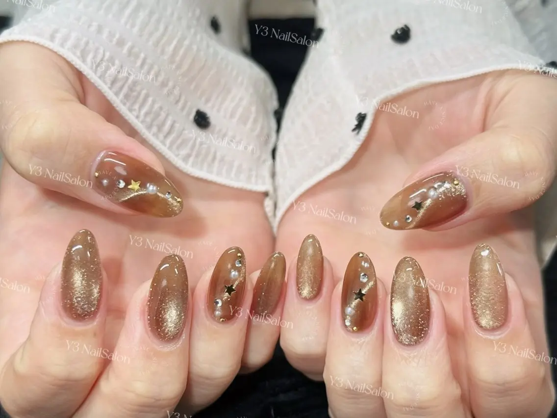 ネイル アートネイル ブラウン キラキラネイル マグネットネイル シンプルネイル ハンドネイル Y3 NailSalonのネイルデザイン