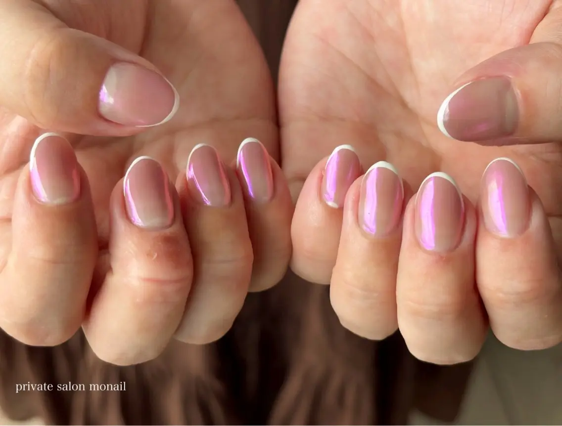 ネイル オーロラネイル フレンチネイル グラデーション ピンク ハンドネイル nail salon monailのネイルデザイン