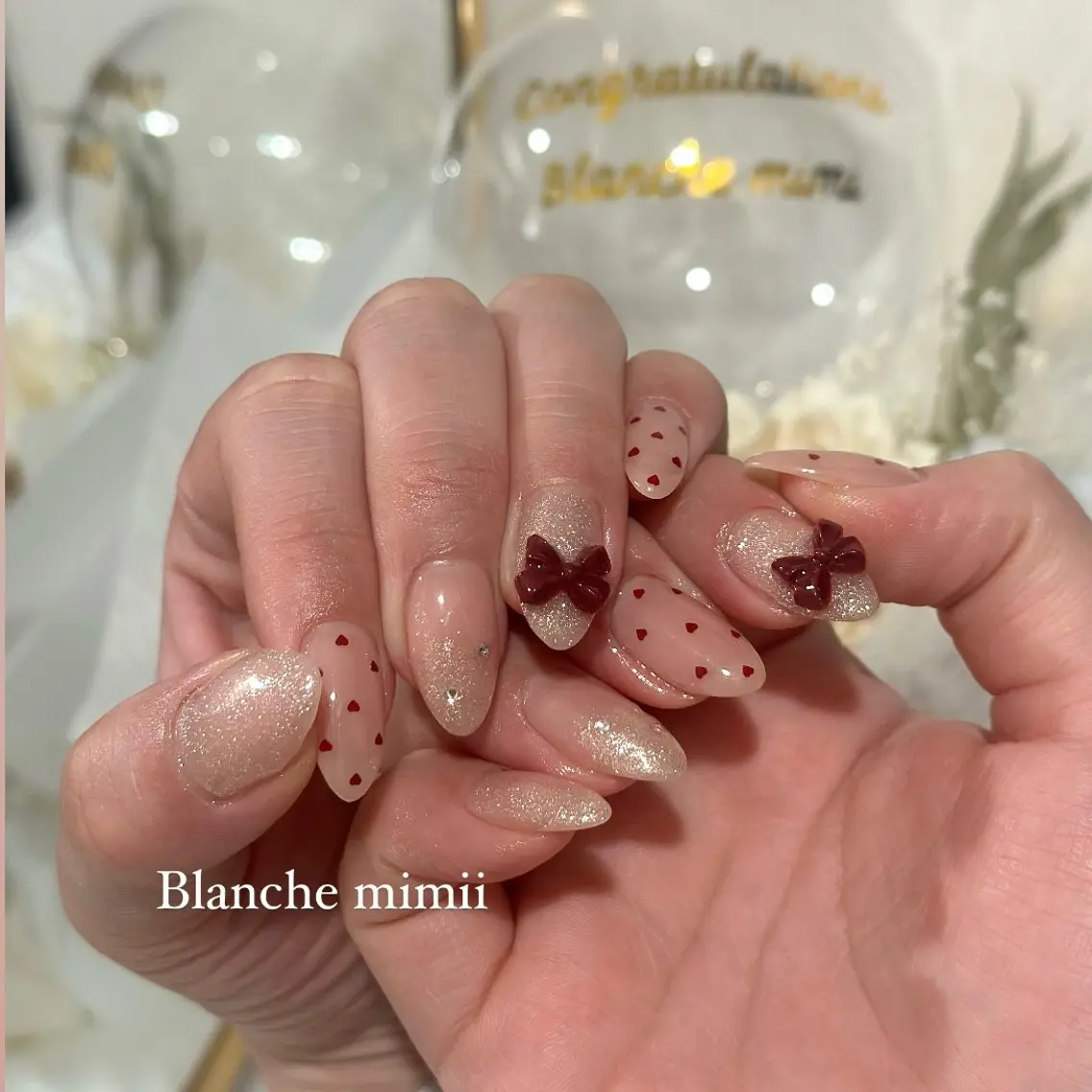 ネイル アートネイル ボルドー ガーリー グラデーション ハート ハンドネイル Blanche Ayaのネイルデザイン