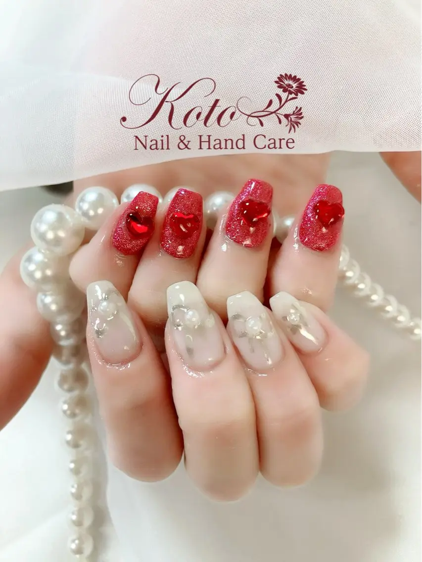 ネイル 長さ出し ジェルネイル ハート 持ち込み ニュアンスネイル ハンドネイル Nail Salon KOTOのネイルデザイン