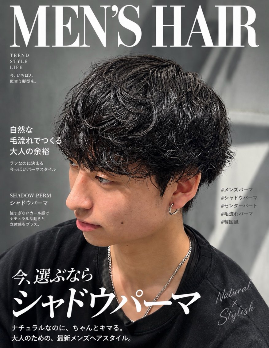 ショート パーマ メンズ センターパート ダウンパーマ フェザーパーマ カルマパーマ メンズ韓国風 カット パーマ トリートメント 🎸メンズ🎸 毛流れパーマ/renのヘアスタイル