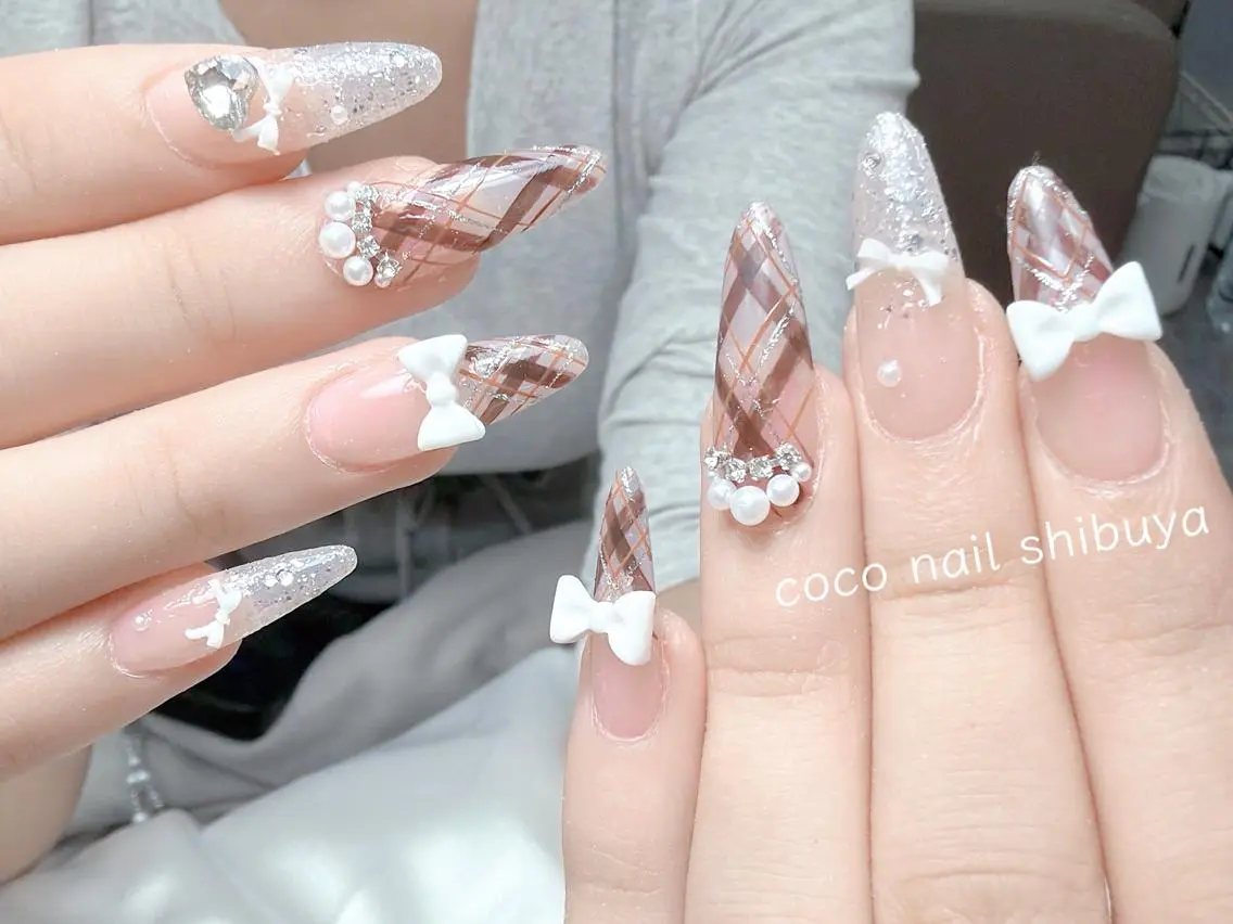 ネイル 成人式 大理石ネイル(マーブル) リボン 夏ネイル ネイルチップ ハンドネイル Min Coco nailのネイルデザイン