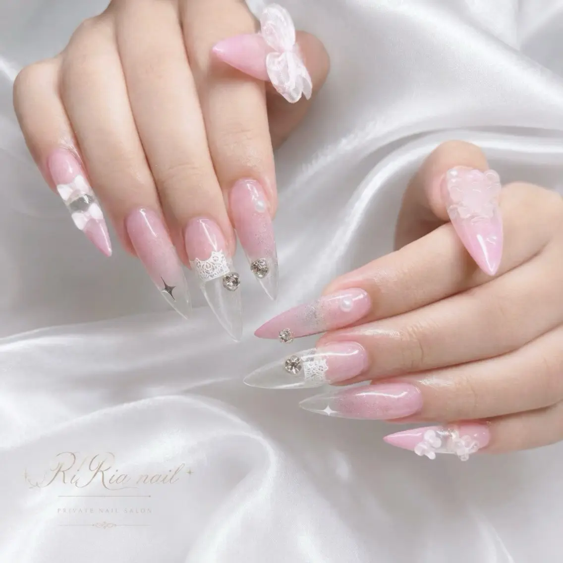 ネイル クリアネイル レース ピンク リボン ハンドネイル 🎀RIRia nail🎀のネイルデザイン