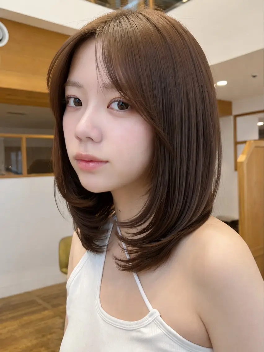 ミディアム カラー ブリーチ 透明感カラー ブリーチなしカラー デート レイヤーカット カット 望月威吹/表参道/レ イヤー/透明感カラーのヘアスタイル