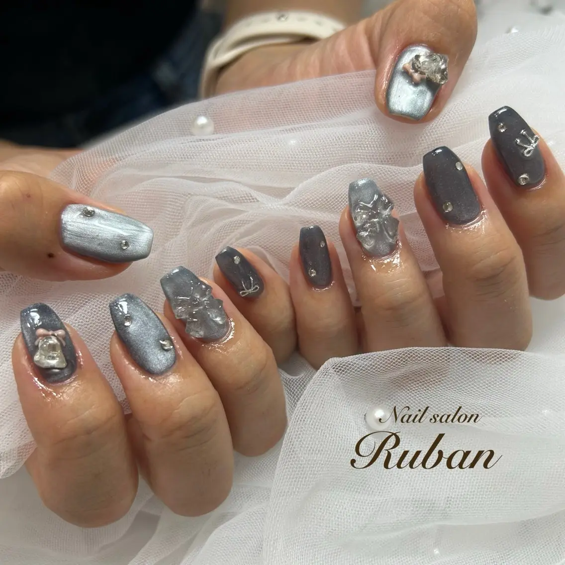ネイル アートネイル ハート マグネットネイル 持ち込み リボン Nail salon Rubanのネイルデザイン