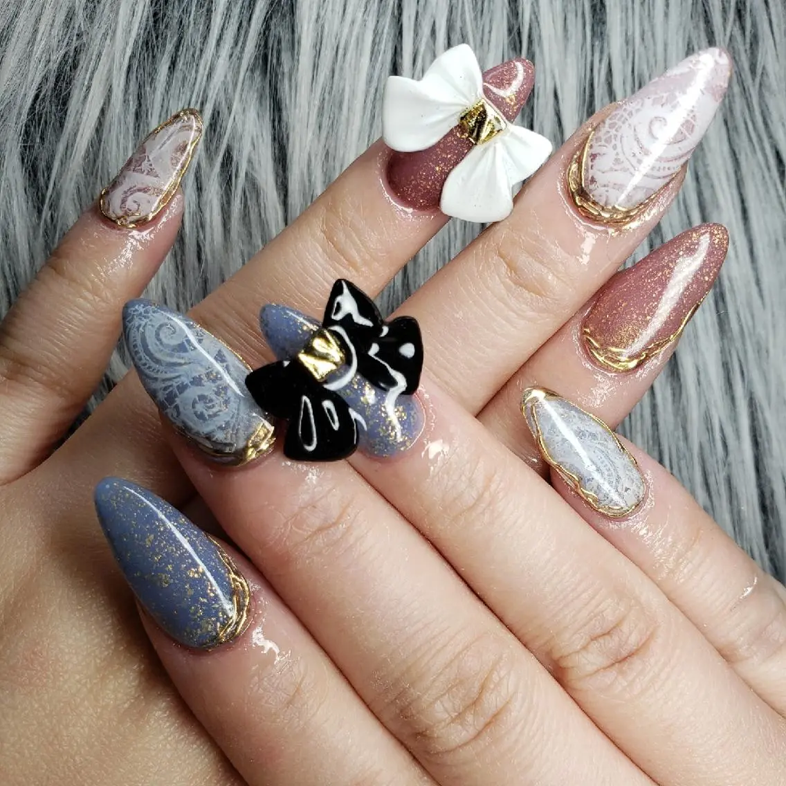 ネイル レース ロングネイル ミラーネイル リボン Nail salon Coco【溝の口駅】のネイルデザイン