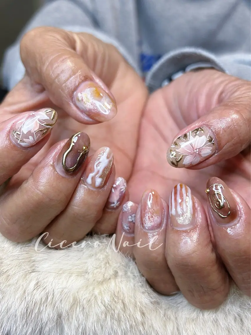 ネイル フラワーネイル 大理石ネイル(マーブル) ニュアンスネイル ピンク ハンドネイル Cicero nailのネイルデザイン