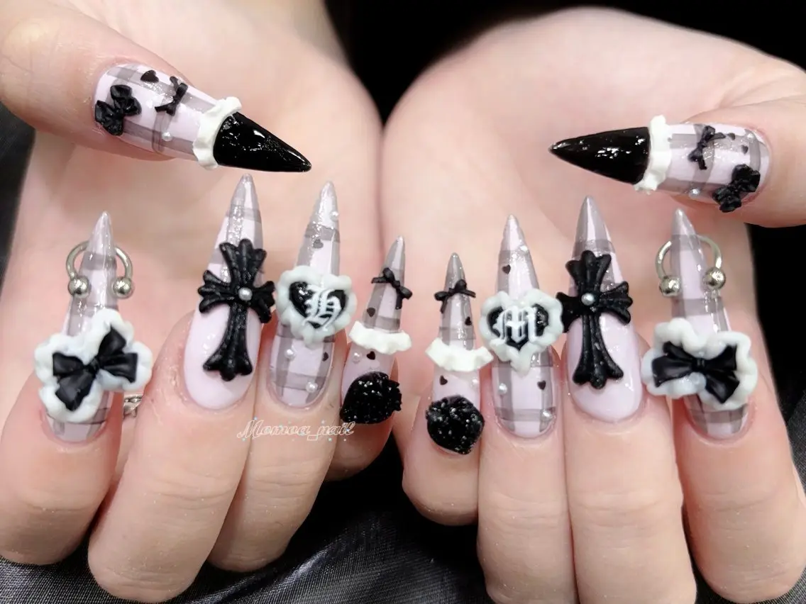 ネイル 成人式 大理石ネイル(マーブル) リボン 夏ネイル ネイルチップ ハンドネイル MoMoA Nail ネイル長さ出し専門店のネイルデザイン