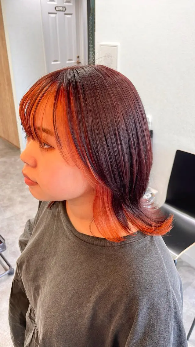 ショート カラー ミストバング デザインカラー  フェイスフレーミング オレンジ ヘアカラー レイン🌏🌱 似合わせ/ハイトーンのヘアスタイル
