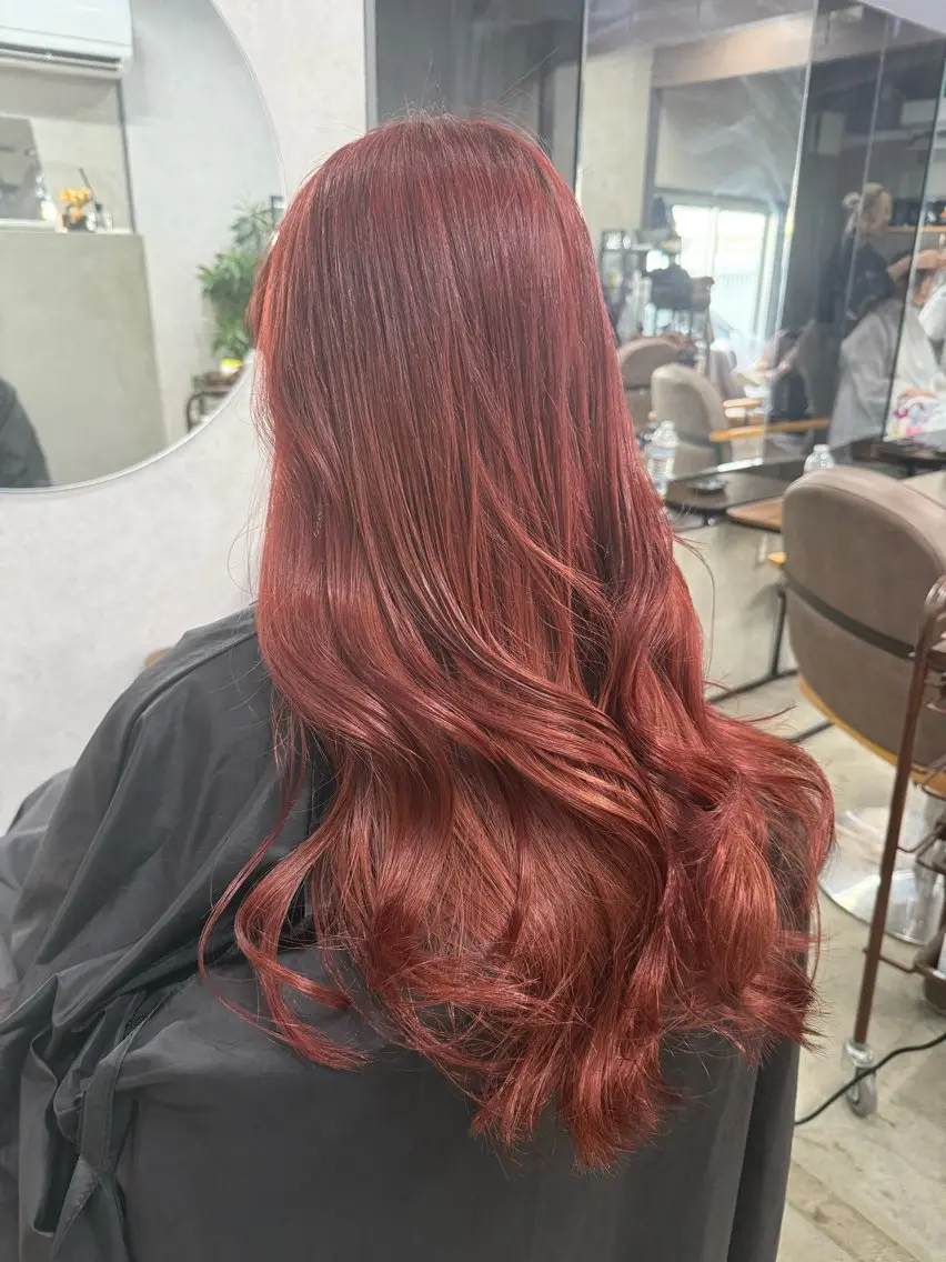 ロング カラー カシス レッドカラー AIRI layer cut hairのヘアスタイル