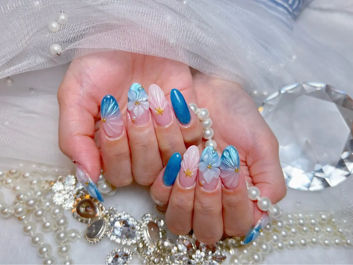 ネイル アートネイル オーロラネイル チークネイル 長さ出し フットネイル Miya _nailのネイルデザイン