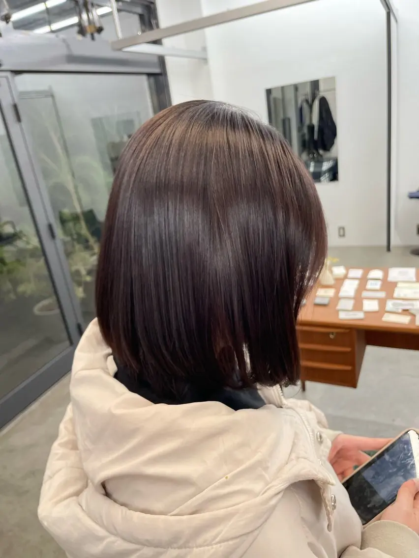ミディアム カラー パーマ ミディアムパーマ ボルドーカラー 透明感カラー レッドカラー 髪質改善 【お洒落パーマ】 Elme　肥塚康汰郎のヘアスタイル