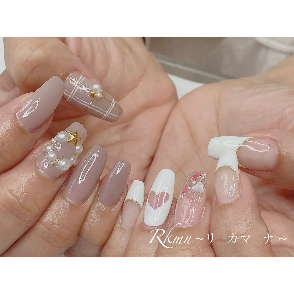 ネイル アートネイル フレンチネイル ハート 春ネイル ハンドネイル フットネイル ハンドケア Rkmn ~リ-カマ-ナ~のネイルデザイン
