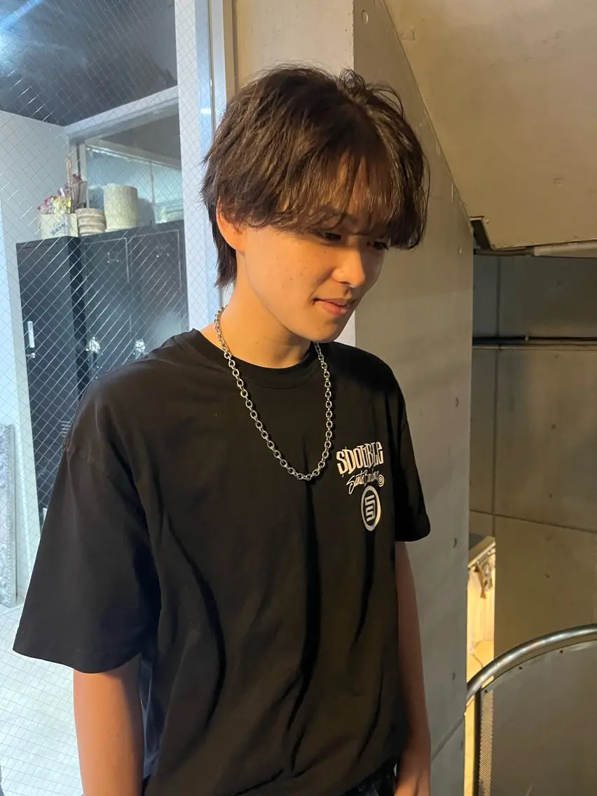ショート メンズ センターパート マッシュ カット ミルクティーベージュ ブリーチ 店長 清水のヘアスタイル