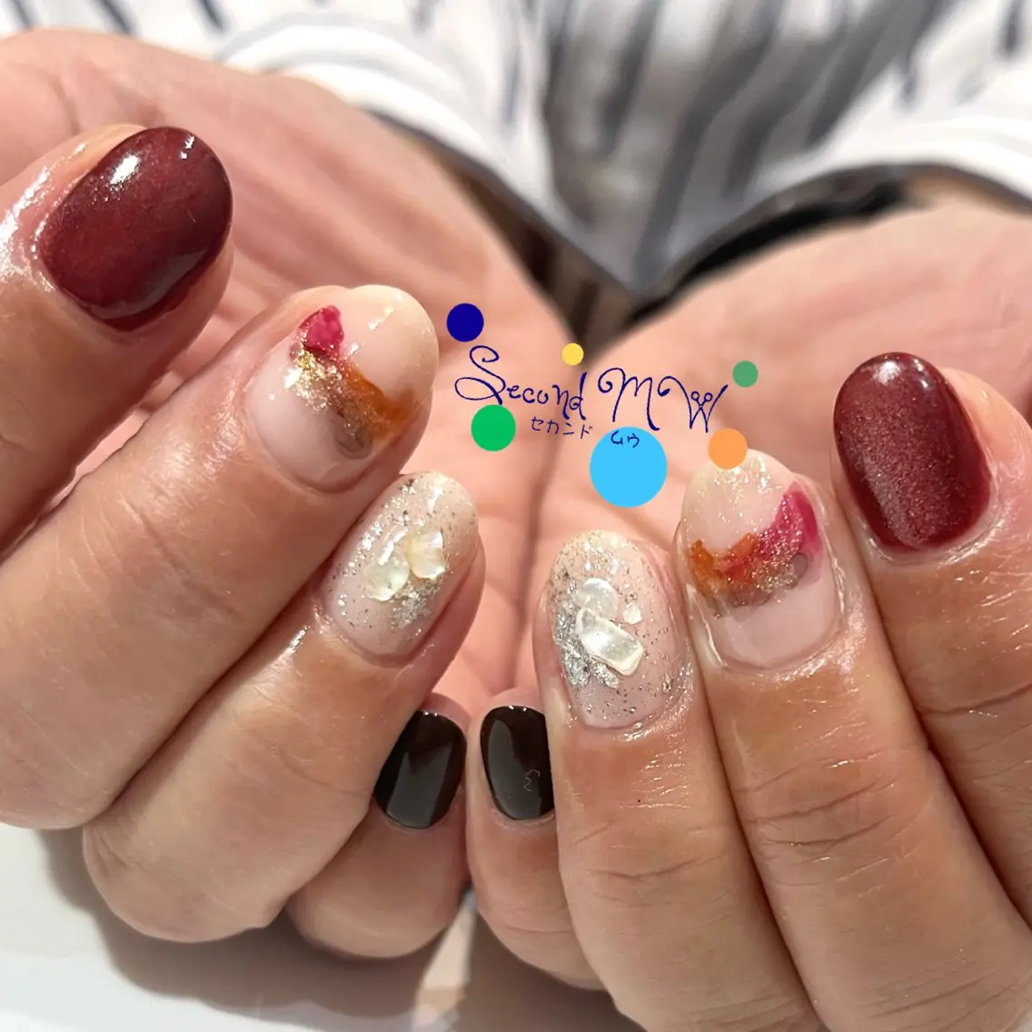 ネイル ボルドー マグネットネイル ニュアンスネイル 冬ネイル ハンドネイル SecondMW _nail 　川連のネイルデザイン