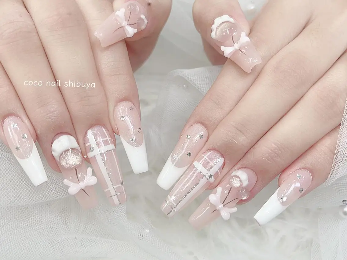 ネイル 成人式 大理石ネイル(マーブル) リボン 夏ネイル ネイルチップ ハンドネイル Mei Salon 長さ出し専門店のネイルデザイン