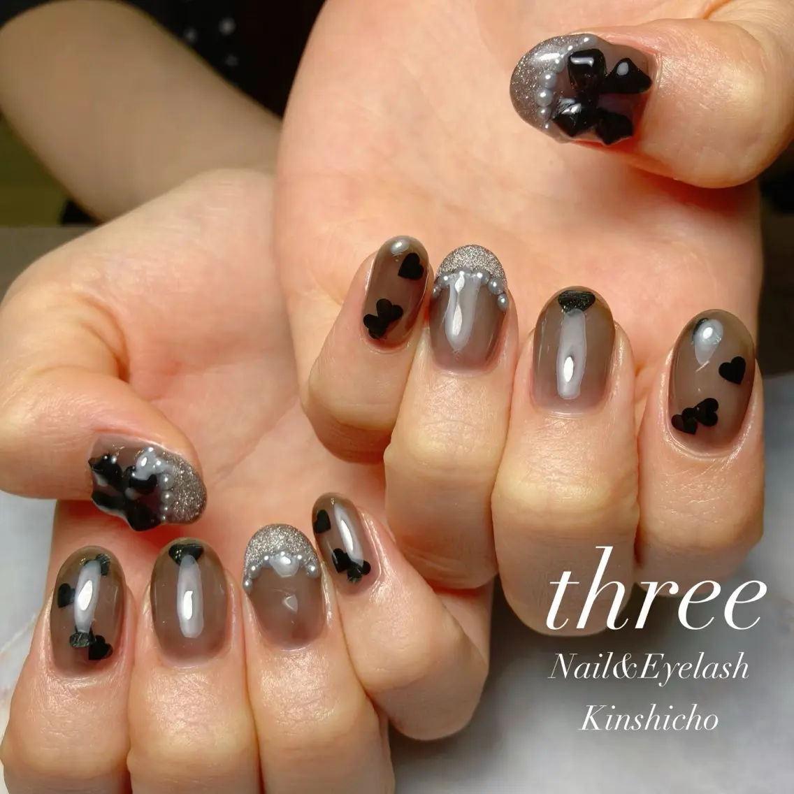 ネイル フレンチネイル ハート 韓国ネイル マグネットネイル マグネットフレンチ three Nail&Eyeのネイルデザイン