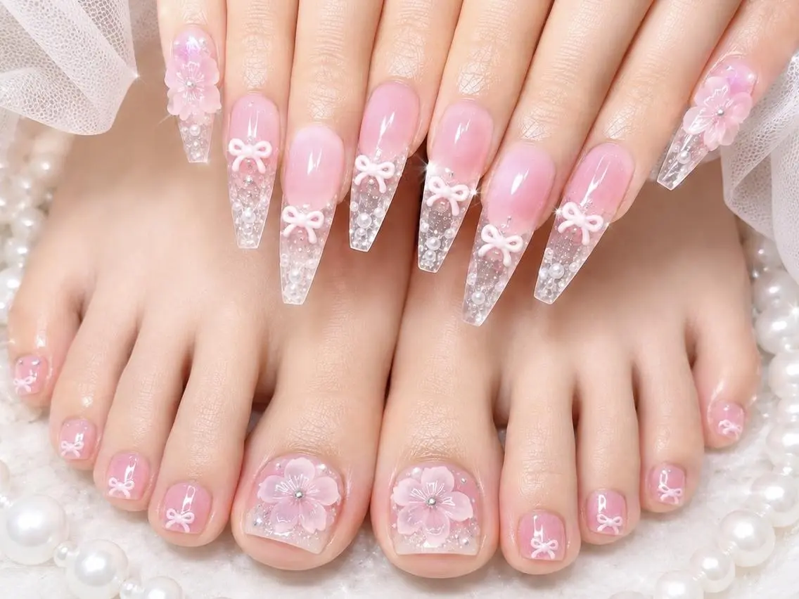 ネイル オーロラネイル チークネイル 長さ出し フットネイル フレンチネイル Hanaai Salon新宿店のネイルデザイン