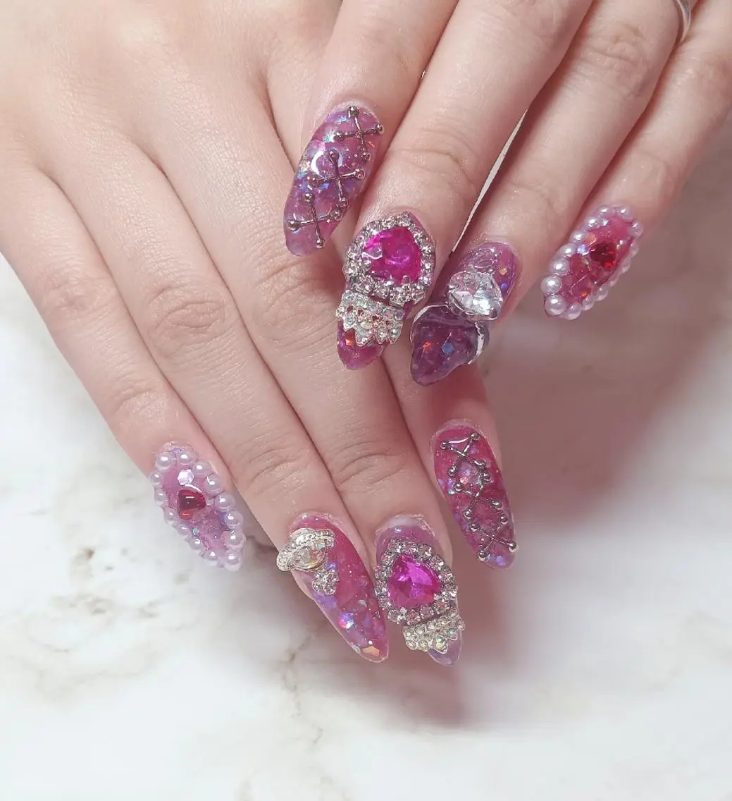 ネイル ハート キラキラネイル 持ち込み ピンク ハンドネイル Nail Salon macherieのネイルデザイン