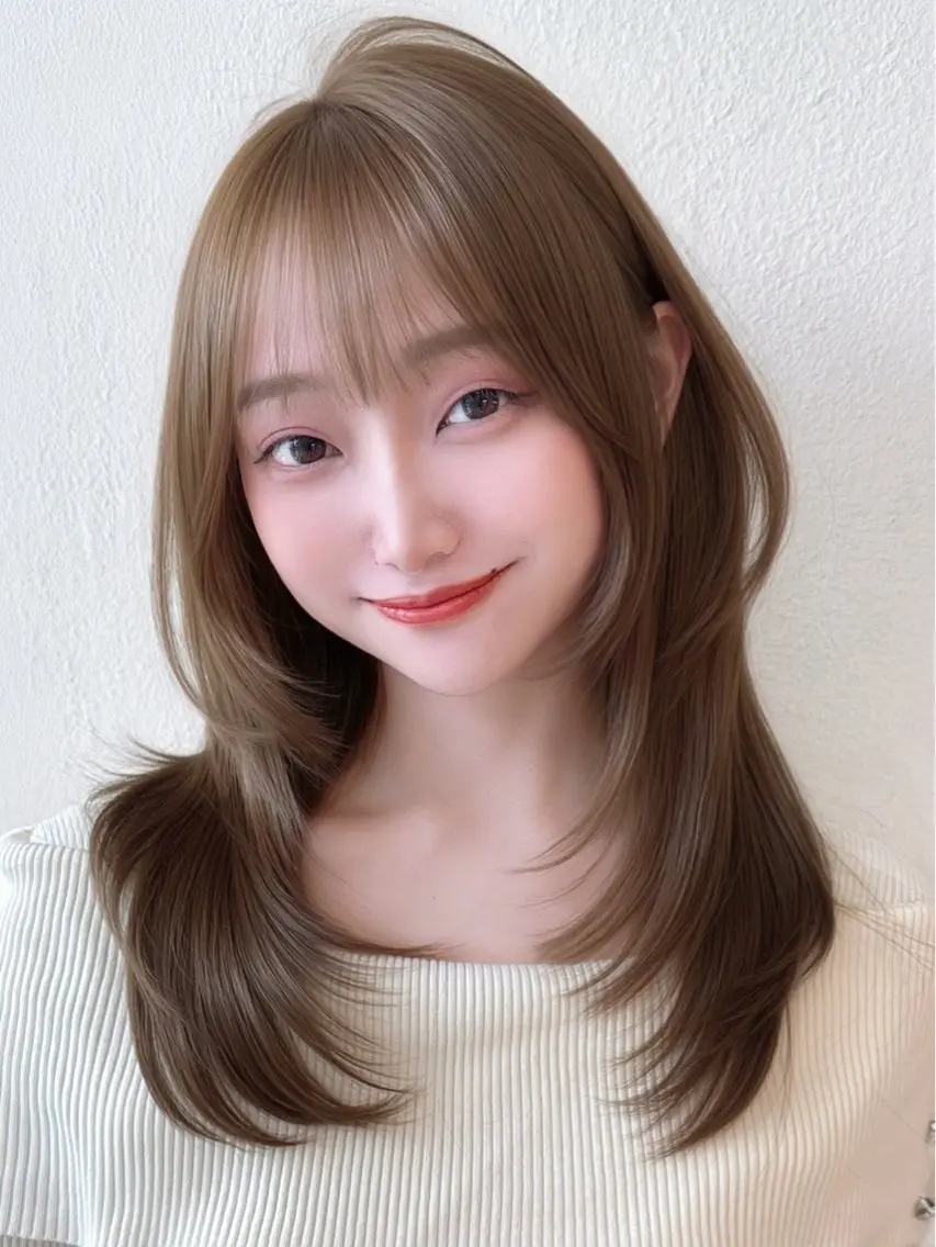セミロング カット ヘアカラー トリートメント 表参道小顔カット前髪 割れ改善クロスパーマのヘアスタイル