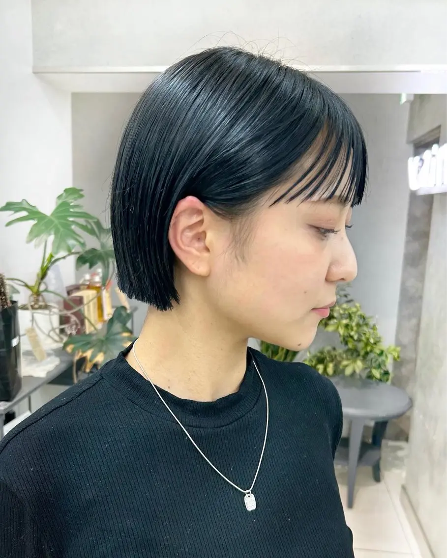 ショート カラー 黒髪 ブルーカラー ブルーブラック ダブルカラー グレージュ 艶髪/ショート/ ボブ/なつきのヘアスタイル