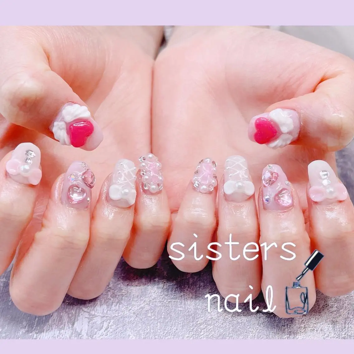 ネイル アートネイル ハート リボン 夏ネイル ハンドネイル ハンドケア sisters nail.fのネイルデザイン