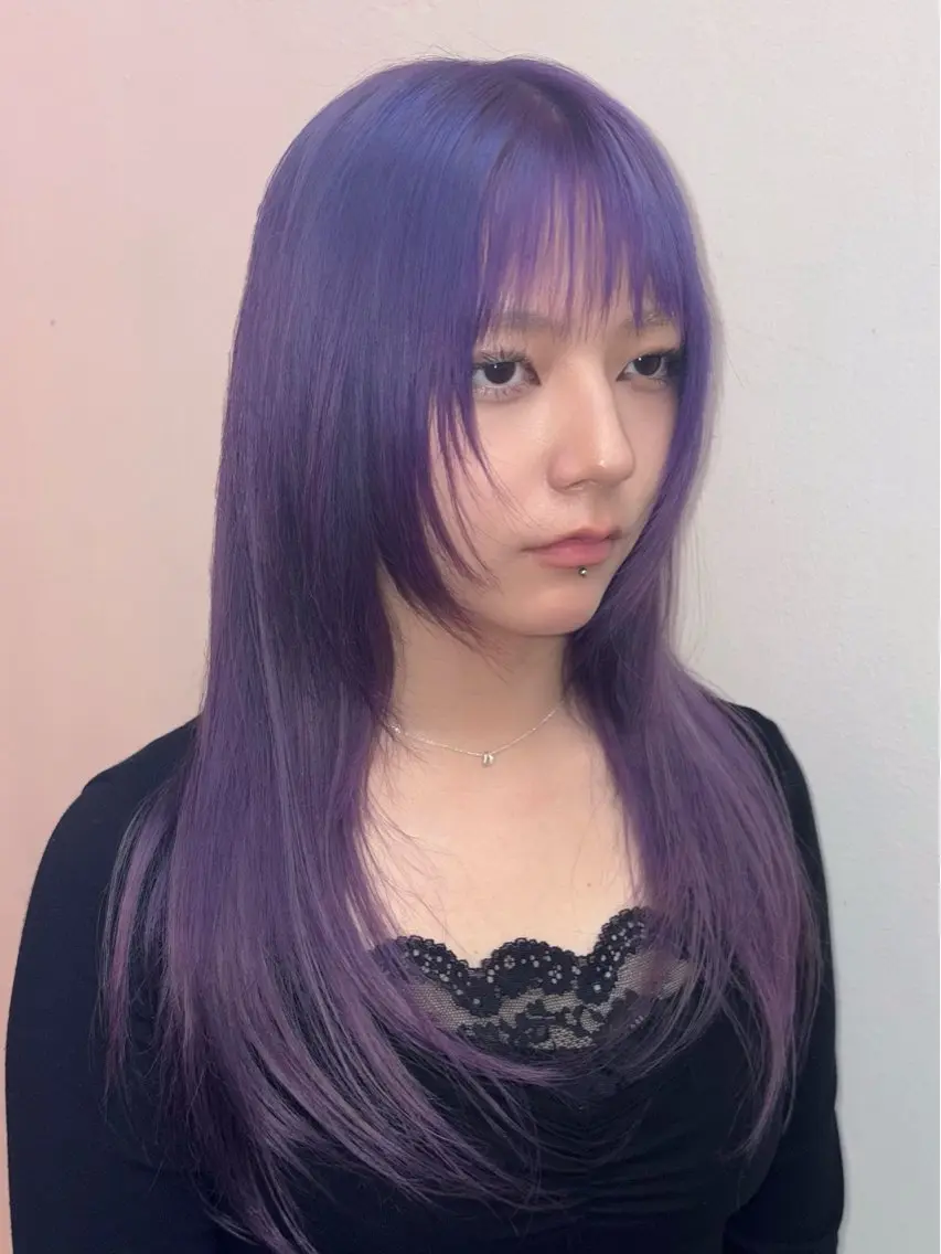 ロング カラー ブリーチ ブルーカラー ブルーパープル ケアブリーチ ダブルカラー ヘアカラー トリートメント THE./ブリーチ 透感カラー/髪質改善のヘアスタイル