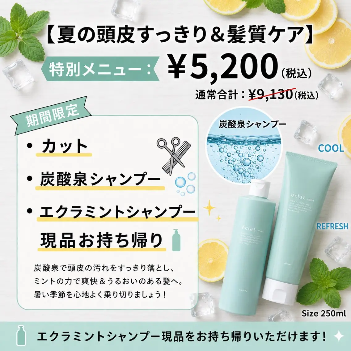 【夏にピッタリ☀️清涼感◎頭皮ケア◎】サマーシャンプー現品プレゼント🎁＋カット✂️＋炭酸泉シャンプー🫧の写真