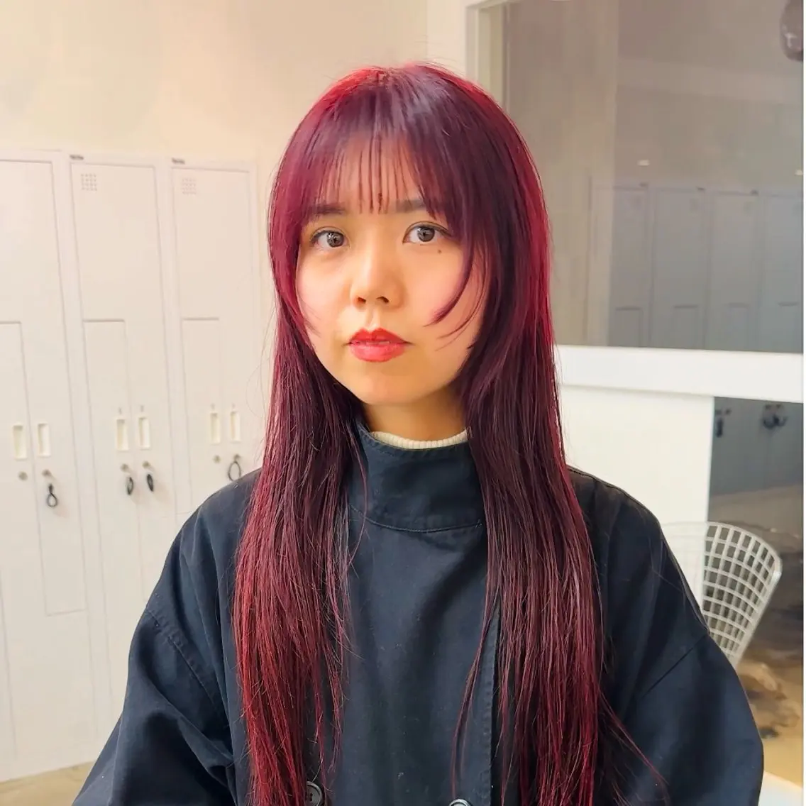 ロング カラー ブリーチ レッドカラー クロスパーマ× 透明感カラー✂︎のヘアスタイル