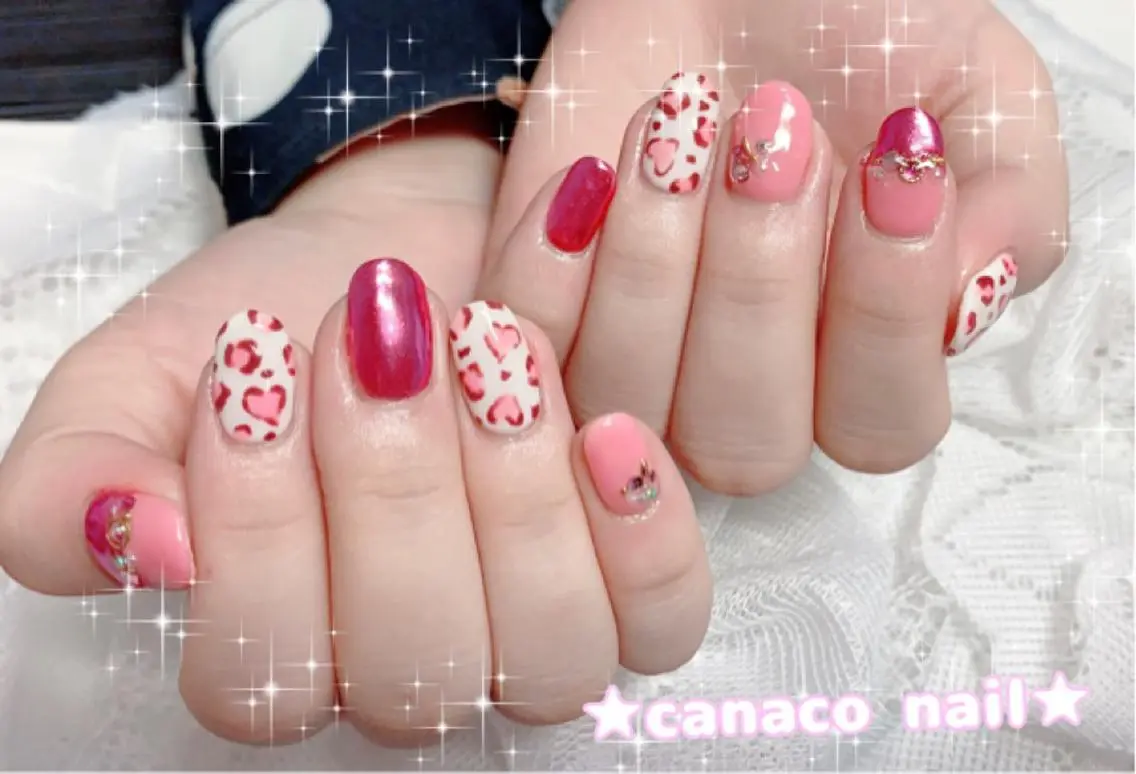 ネイル アニマル柄 アートネイル ジェルネイル ハート ミラーネイル ベテランネイル cnc nailのネイルデザイン
