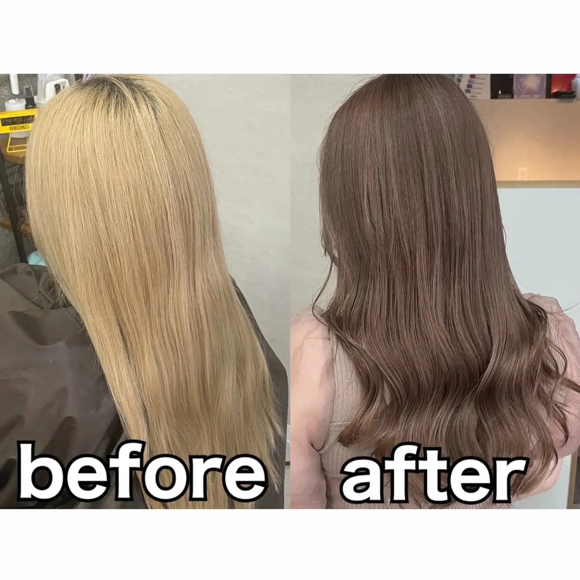ロング カラー ブリーチ グレージュ カット ヘアカラー トリートメント Lull1人美容室 イージーパーマのヘアスタイル