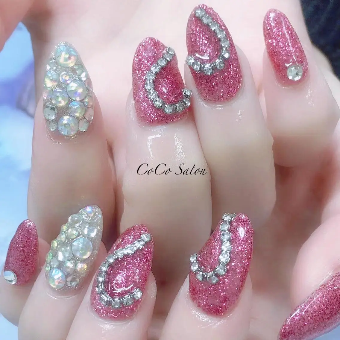 ネイル 長さ出し ジェルネイル ハート キラキラネイル ラメ(グリッター) ハンドネイル CoCoSalon ネイル/まつ毛予約のネイルデザイン