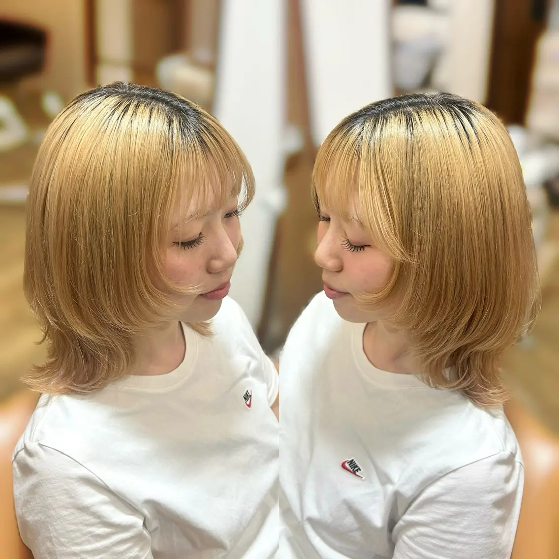 ミディアム ミディアムレイヤー 顔周りカット レイヤーカット ウルフカット カット トリートメント 岡田 杏奈のヘアスタイル