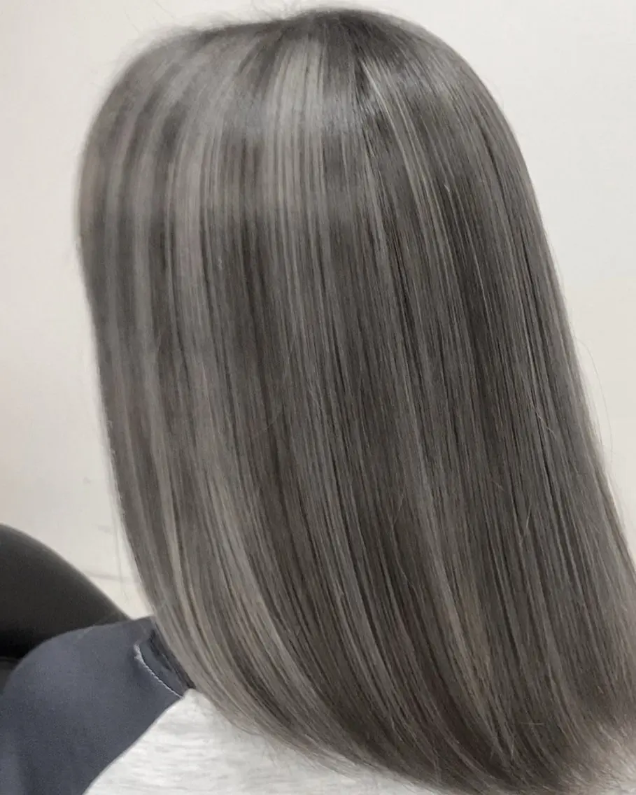 ミディアム カラー バレイヤージュ 黒髪 シルバー レイヤーカット ヘアカラー トリートメント 山本 将史のヘアスタイル