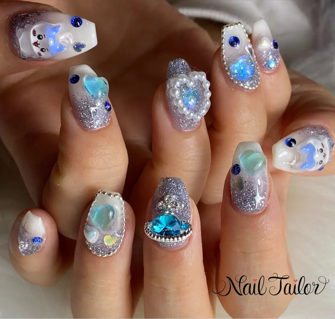 ネイル 長さ出し ハート ラメ(グリッター) 水色 ハンドネイル NailTailor ネイルテイラーのネイルデザイン