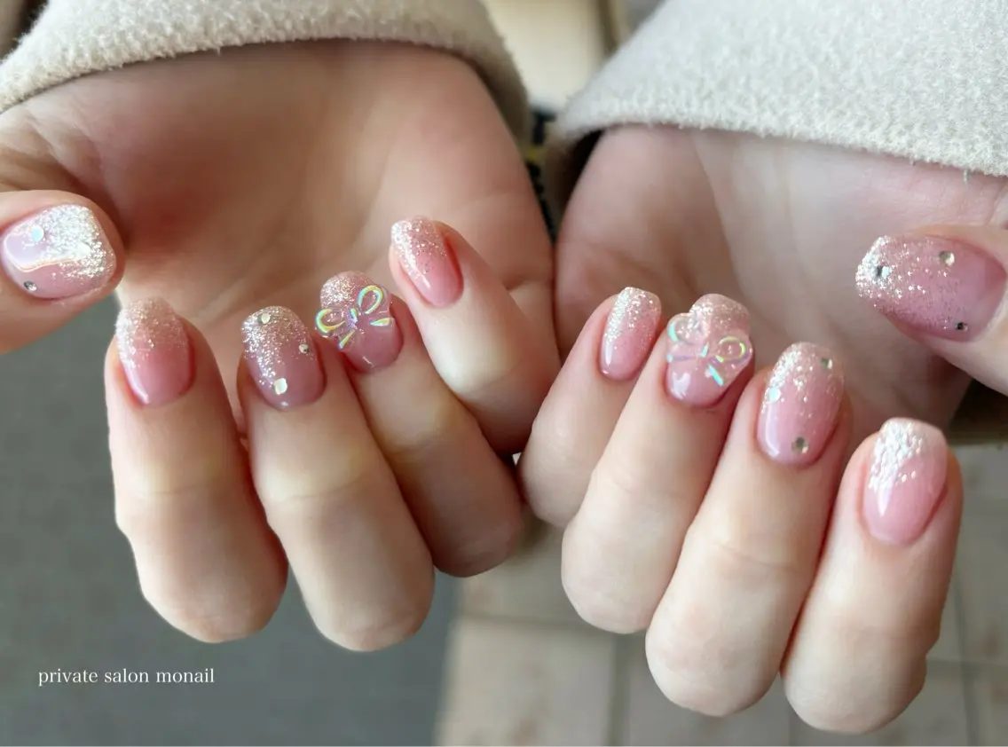 ネイル ピンク リボン ハンドネイル nail salon monailのネイルデザイン