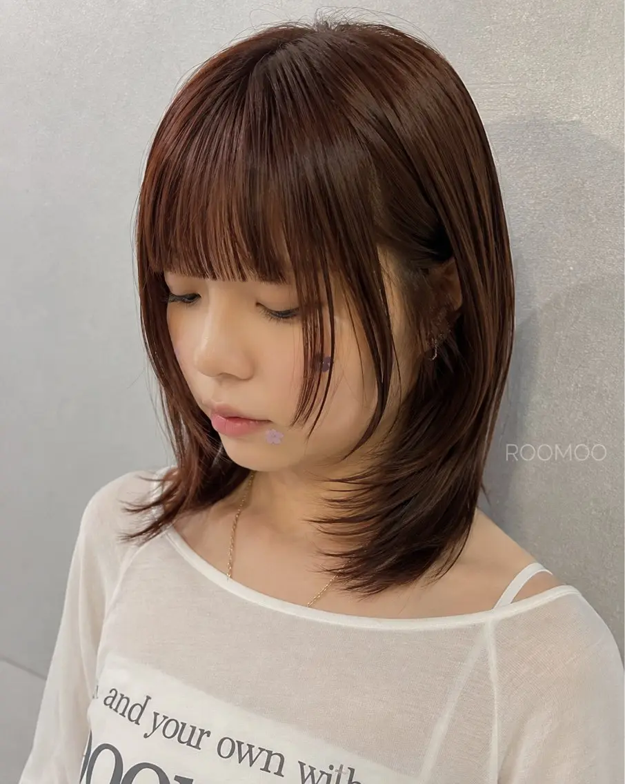 ミディアム オレンジブラウン 韓国風ヘア レイヤーカット カット ヘアカラー 韓国ボブ/ハッシュ カットKIRAのヘアスタイル
