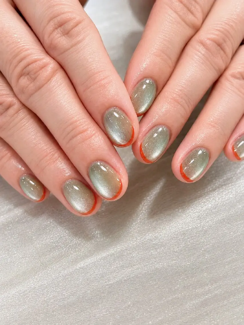 ネイル フレンチネイル グリーン マグネットネイル オレンジ Hanano  nail  Lisaのネイルデザイン