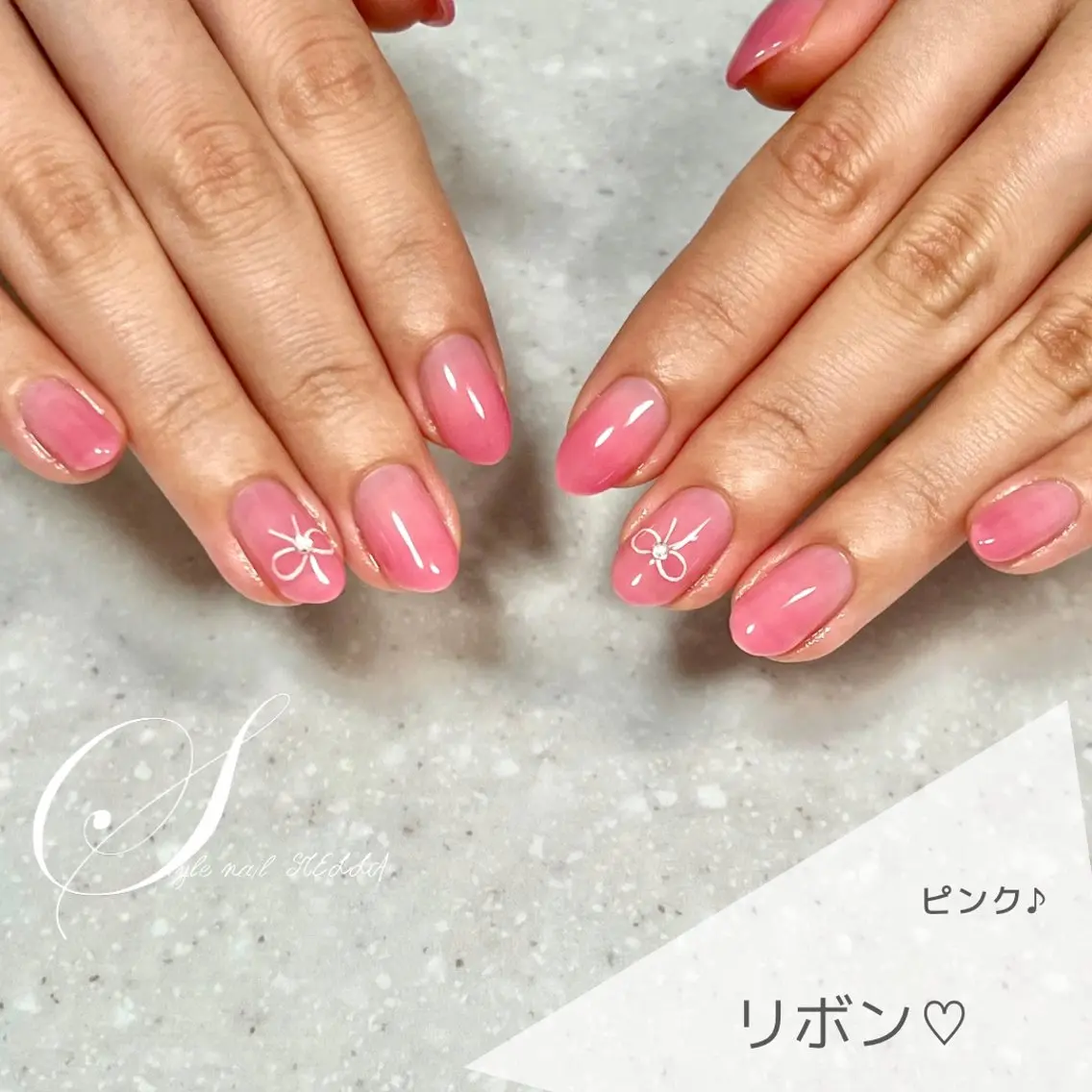 ネイル ワンカラーネイル ピンク リボン ハンドネイル ステラ marikominoのネイルデザイン