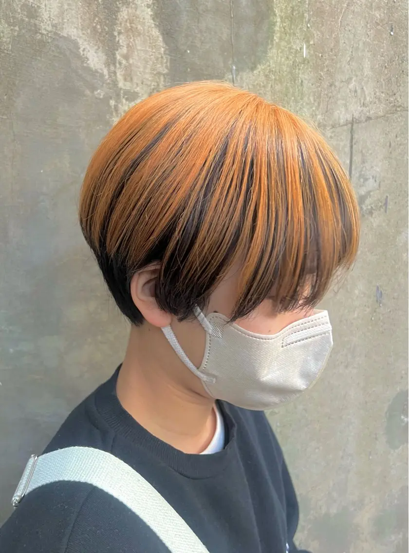 ショート カラー ハンサムショート ブリーチ オレンジ ショートヘア 大人メンズパーマ /石川瑠青のヘアスタイル