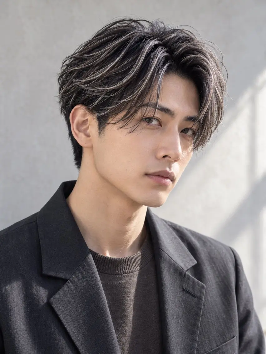 ショート カラー メンズ センターパート メンズハイライト メンズメッシュ 黒髪 透明感カラー ヘアカラー トリートメント 🔮メンズ縮毛矯正 メンズパーマ💎竹永のヘアスタイル