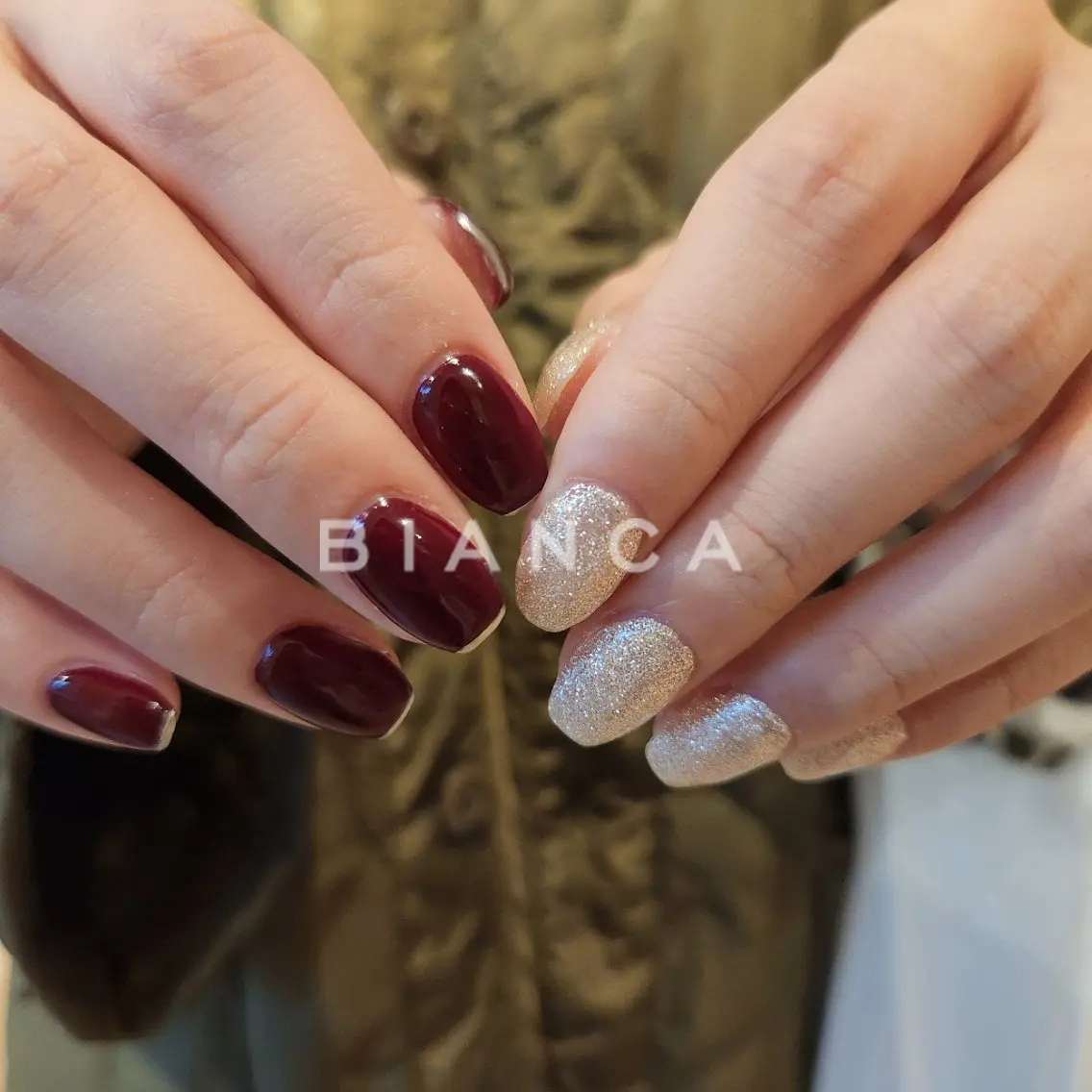 ネイル ボルドー フレンチネイル キラキラネイル ラメ(グリッター) オフィスネイル ハンドネイル Bianca名駅店 あゆのネイルデザイン
