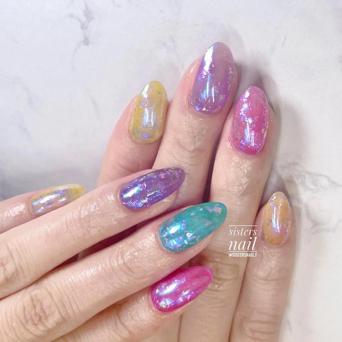 ネイル アートネイル 氷ネイル・うるうるネイル キラキラネイル 夏ネイル sisters nail.fのネイルデザイン