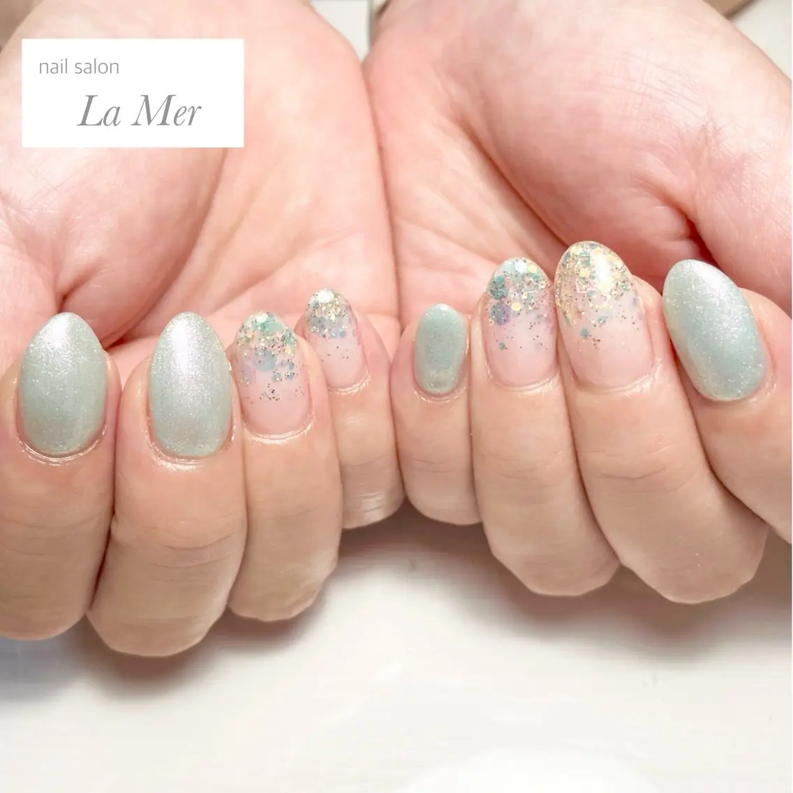 ネイル オーロラネイル ブルー ジェルネイル グラデーション グリーン ハンドネイル nailsalon La Merのネイルデザイン