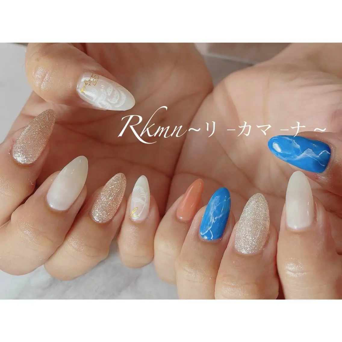 ネイル アートネイル ブルー ラメ(グリッター) ニュアンスネイル 春ネイル ハンドネイル フットネイル ハンドケア Rkmn ~リ-カマ-ナ~のネイルデザイン