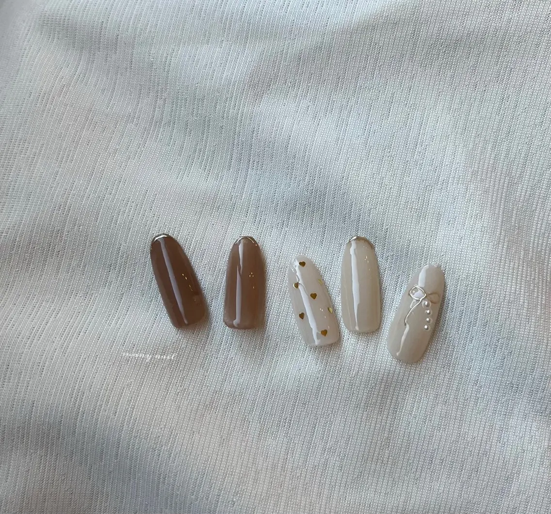 ネイル ブラウン ジェルネイル マグネットネイル パラジェル リボン sunny nailのネイルデザイン