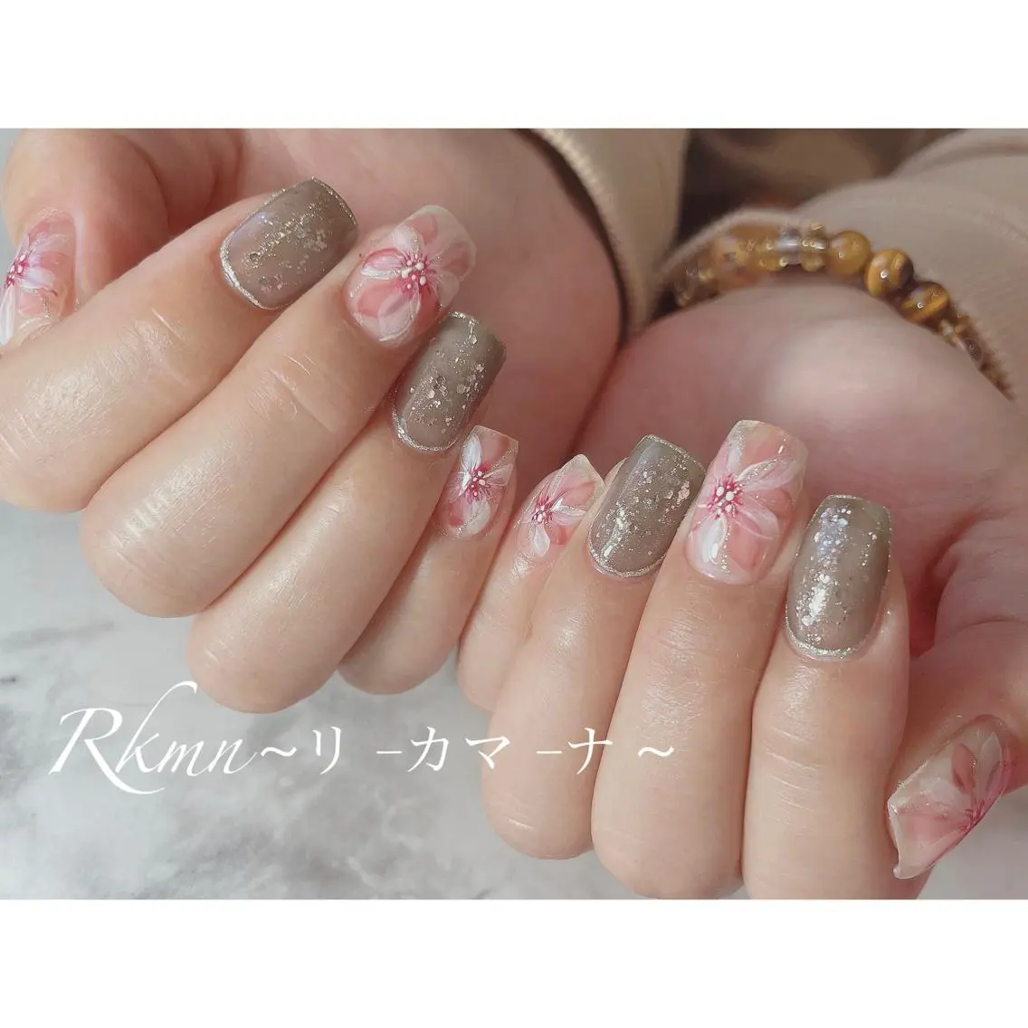 ネイル アートネイル フラワーネイル ラメ(グリッター) 春ネイル スクエアネイル ハンドネイル フットネイル ハンドケア Rkmn ~リ-カマ-ナ~のネイルデザイン